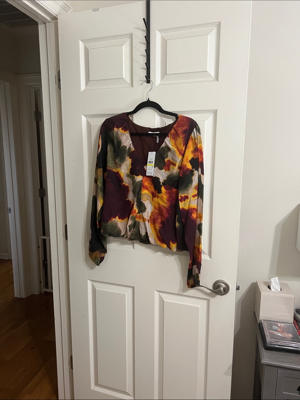 DKNY Long-Sleeve V-Neck Abstract Print Blouse in Burgundy, Mustard, Olive, Cream
